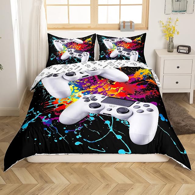 Loussiesd Games Duvet Cover Boys Watercolor Gamepad Printed Bedding Set Kids Video Game Gamepad Comforter Cover Gamer Game Controller Bedspread Cover Bedroom Collection 2Pcs Single Size