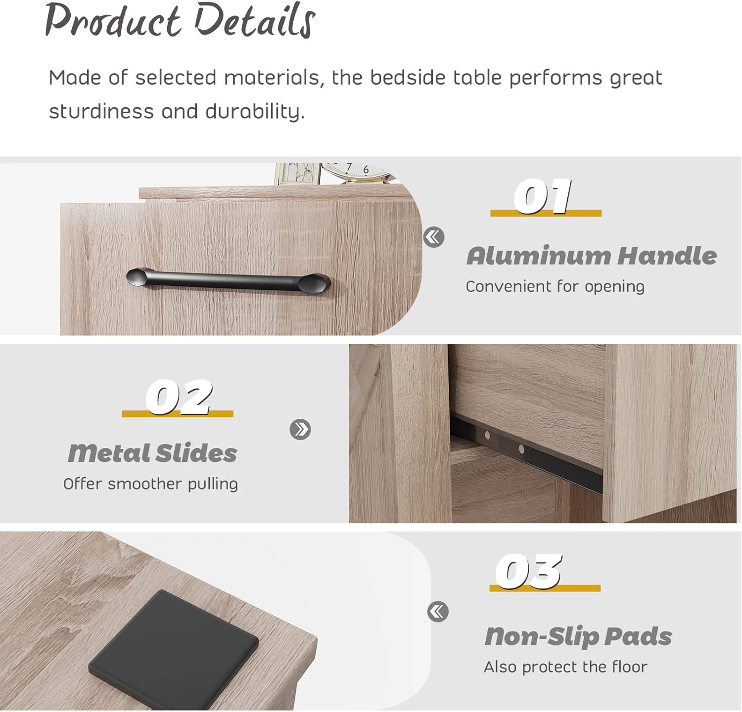 Close-up images detailing the nightstand's components: an aluminum handle for the drawer, metal slides for smooth drawer operation, and non-slip pads on the base.