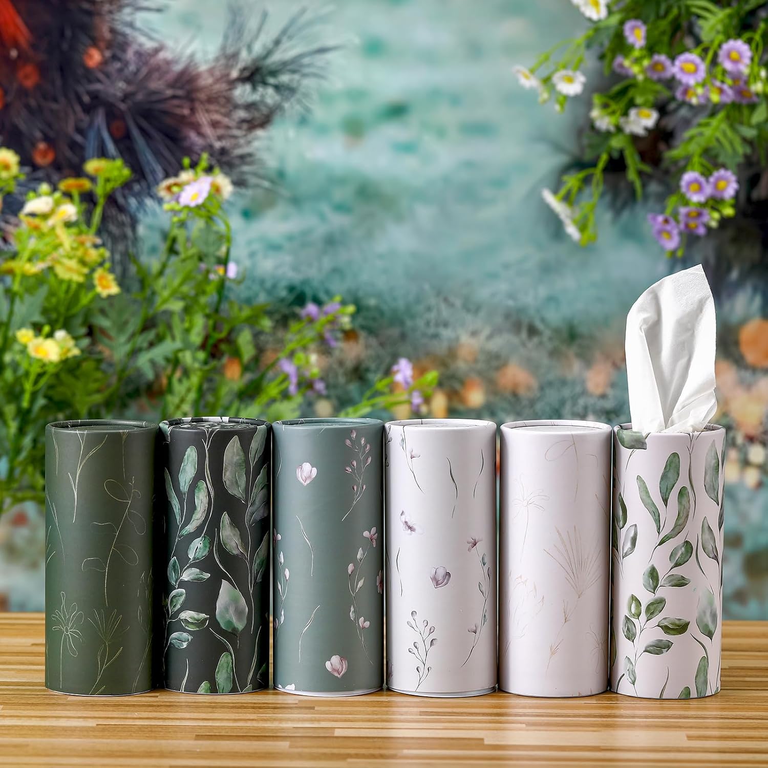 Layhit 12 Pcs Car Tissues Round Facial Tissues Boxes Vintage Floral Printed Travel Cylinder Cube Holder Bulk for Car Cup Holder(Fresh)