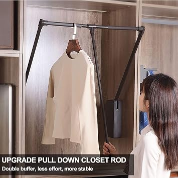 Pull Down Closet Rod for Hanging Clothes, Retractable Wardrobe Hanger for Cabinet Inside Width 21.6~26, Aluminium alloy Tubing with Plastic Housing, 44 lb Weight Rating
