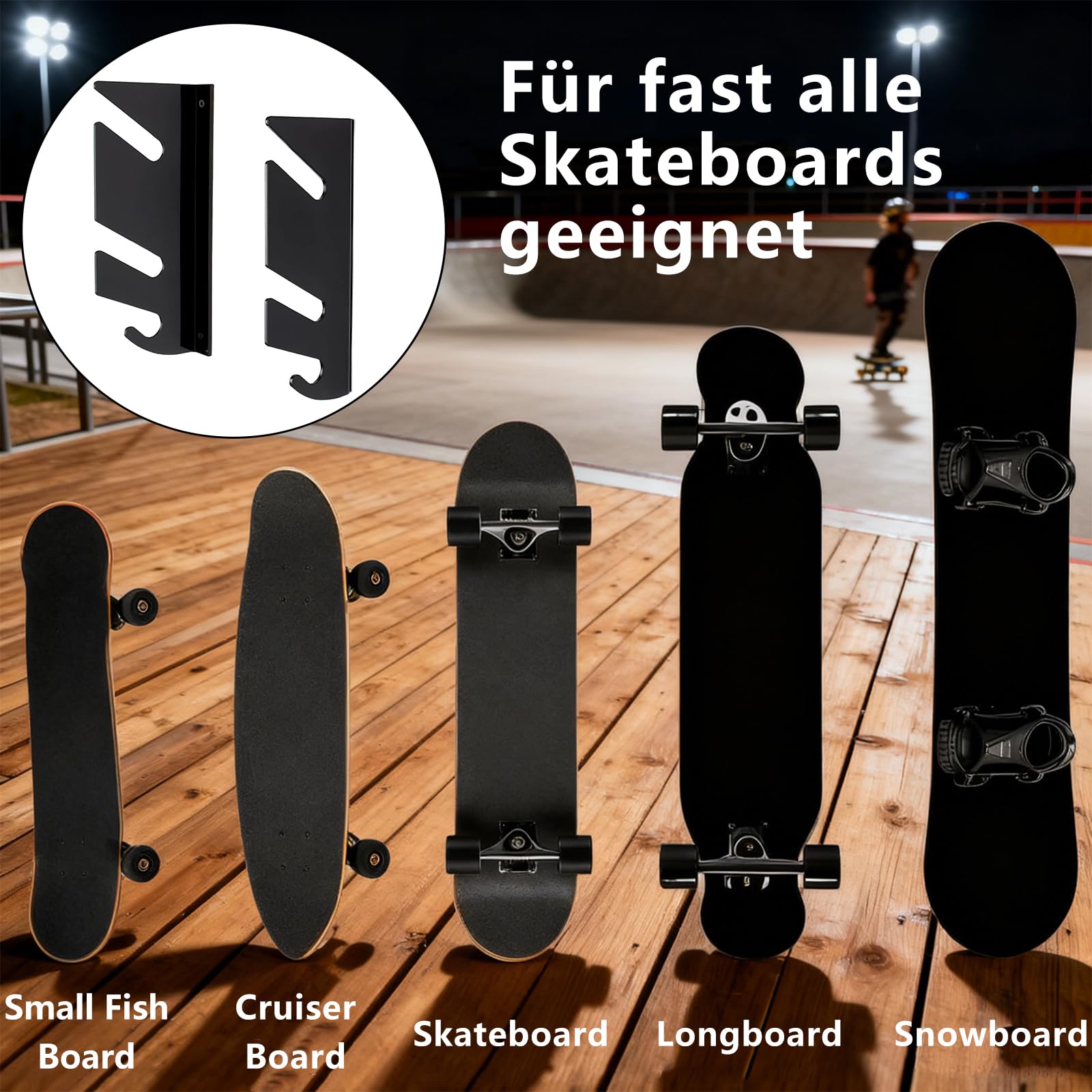 Soporte Pared Skateboard,Estante de Pared para Tablas De Skate con Ganchos de Almacenamiento, Apto para Tablas De Skate, Longboards y Tablas De Snowboard (2 Unidades)