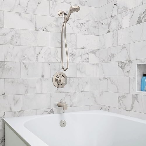 Miniatura 6 de Moen Beric 82775SRN - Grifo moderno para bañera y ducha con ducha de mano, válvula incluida, níquel