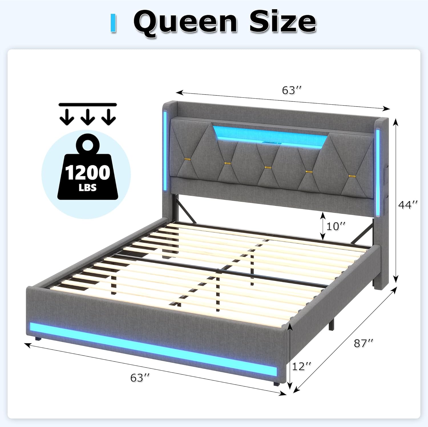 busyaeh Queen Bed Frame with Storage Headboard, Metal Bed Frame with LED Lights & Charging Station, Upholstered Queen Bed with Marshmallow Headboard, No Box Spring Needed, Easy Assembly，Dark Gray