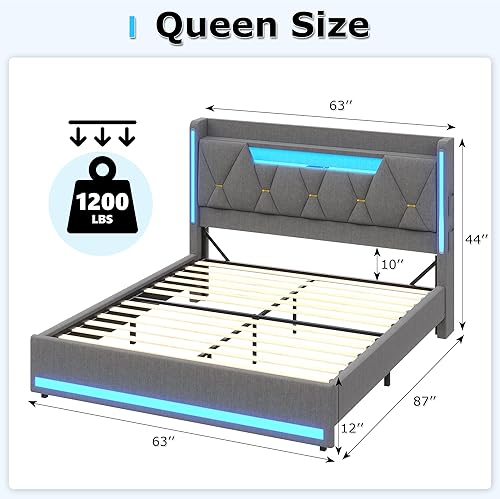 Miniatura 2 de Base de cama Queen con cabecera de almacenamiento, marco de cama de metal con luces LED y estación de carga, cama Queen tapizada con cabecera de