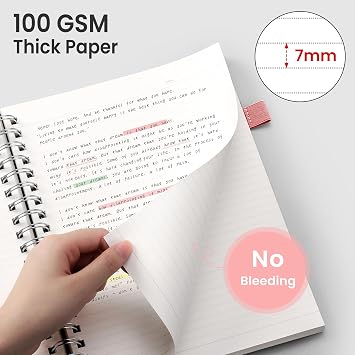 EMSHOI A5 Notebook Lined, Spiral Journal, 300 Pages, PVC Cover, Pink | 100GSM Paper, Flexible Plastic Cover, Notepad with Sticky Notes, Pocket, Pen Loop, Bookmark Ruler for Writing, 14.5 x 21cm