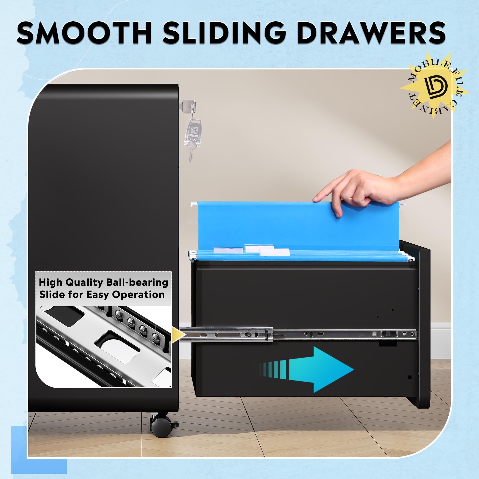 DEVAISE 3-Drawer File Cabinet, Thickened Metal Mobile Filing Cabinet with Lock, Under Desk Cabinet for Home Office, fits A4/Letter/Legal Size, Fully Assembled, 20" D x 15.8" W x 25" H, Black