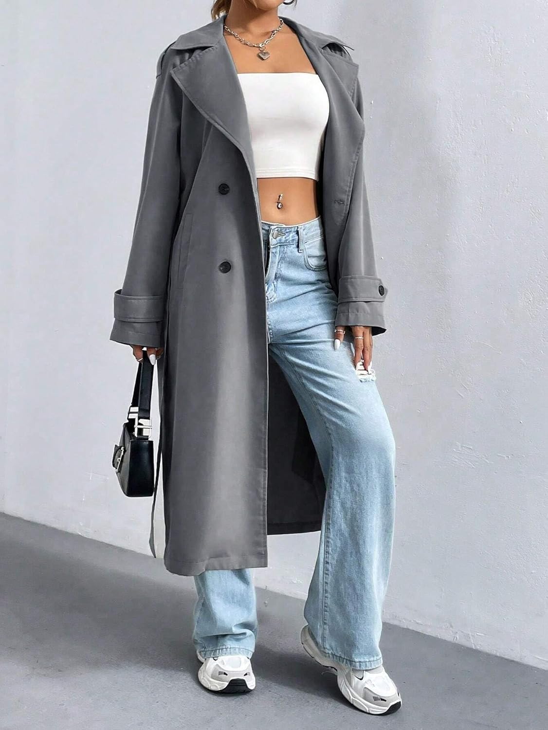 Womens Fashion Trench Outwear Solid Color Loose-Fit Trench Coat Jacket Coat