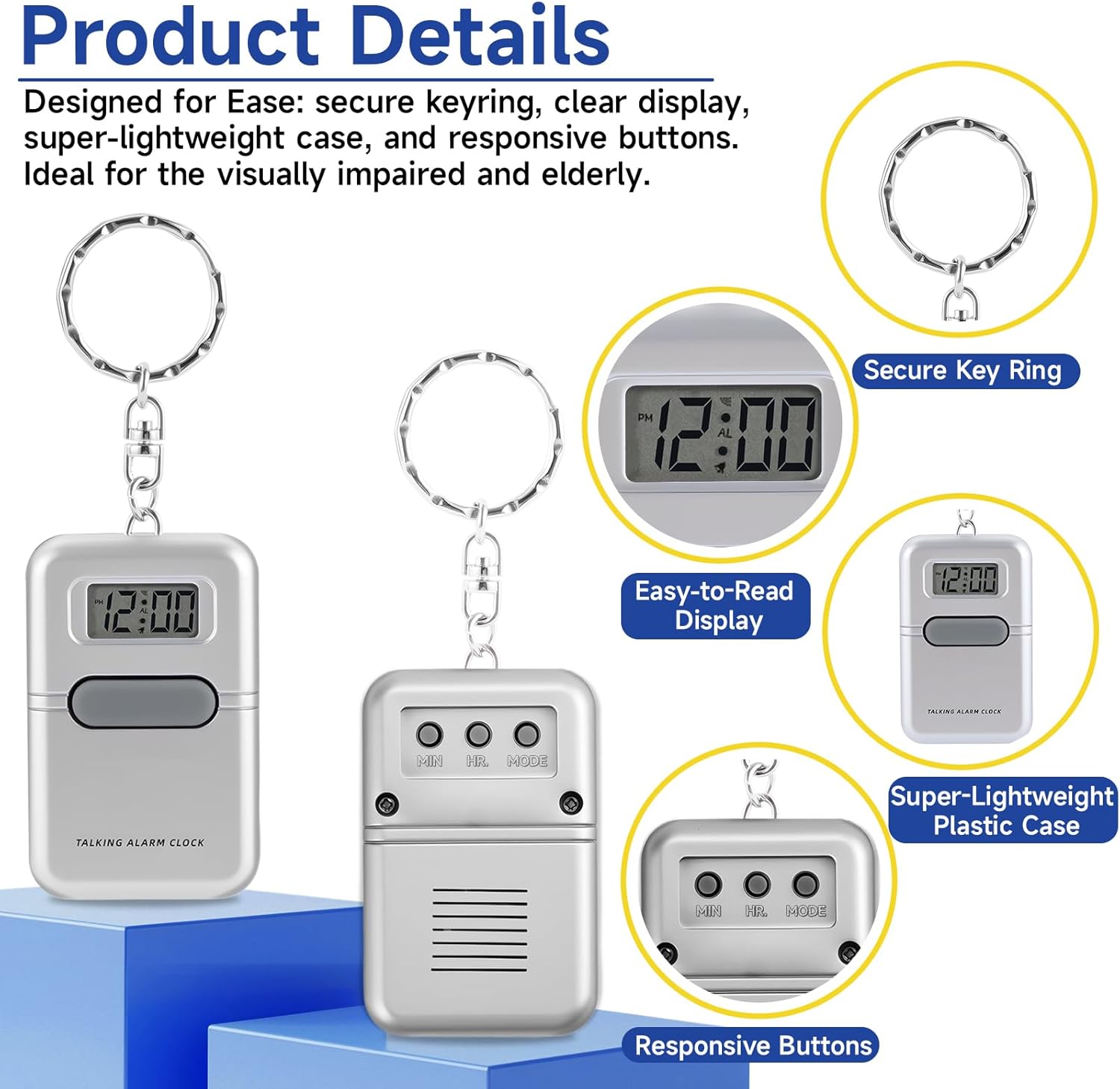 Lenporl Talking Clock for The Blind and Visually Impaired - Easy-Use Talking Alarm Clock for Blind Elderly with Voice Announcement, LCD Display, Keychain & Portable Design