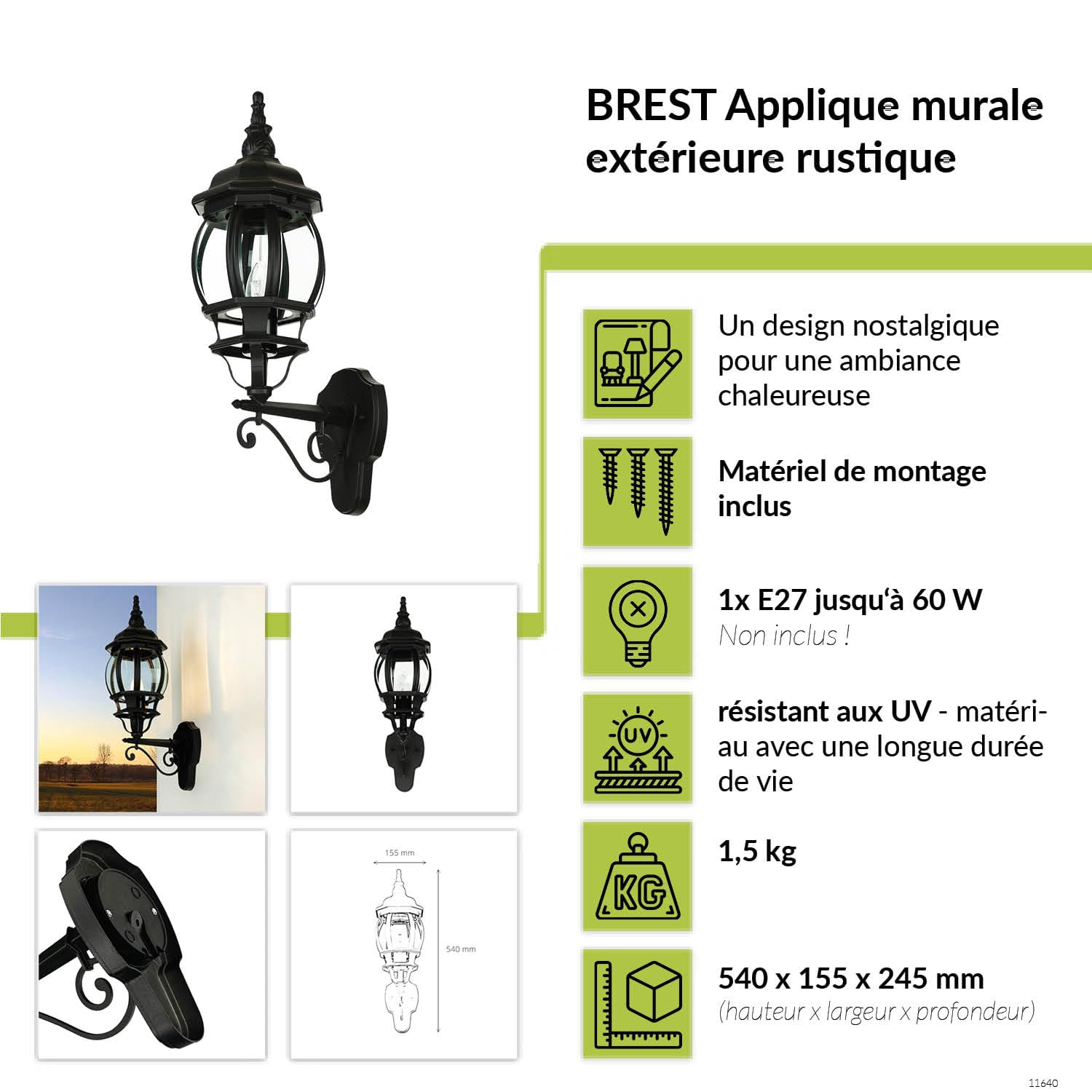 Lampe murale extérieure en verre et aluminium noir IP23 Porte d'entrée H:54 cm E27 Lanterne rustique de style campagnard Applique murale extérieure BREST