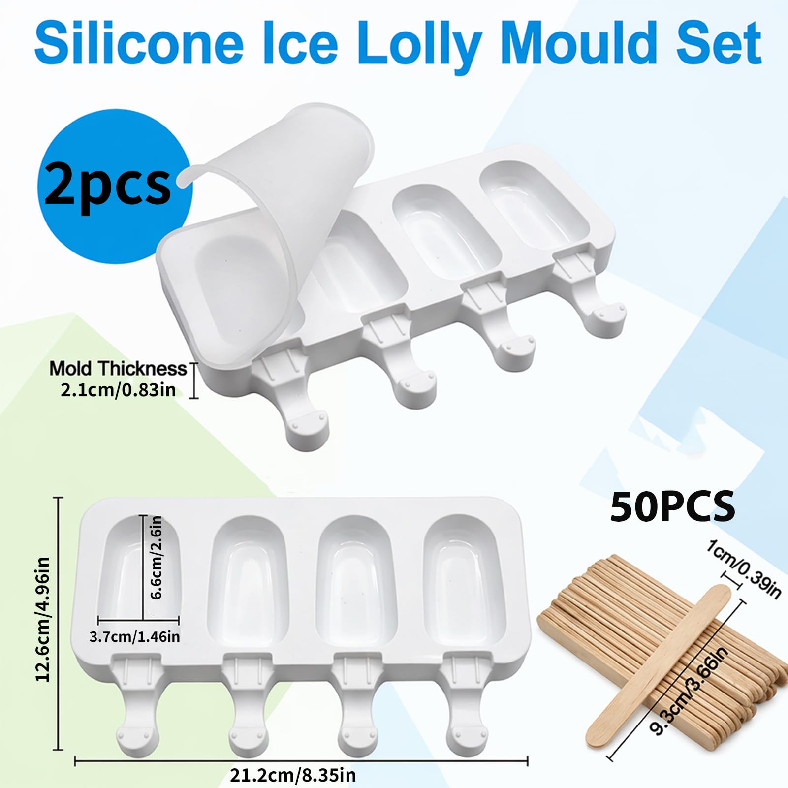 2 Piezas Moldes Helados Silicona, con 2 Tapas 50 Palos Molde Helado Reutilizable sin BPA para Hacer Helados Caseros Moldes Chocolate Bricolaje Postre para Adulto Infantiles Blanco