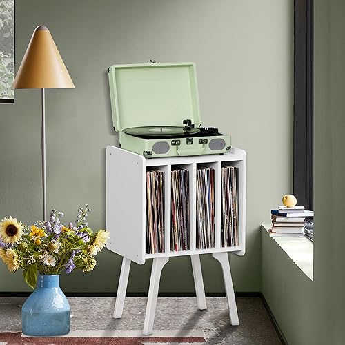 Miniatura 3 de Lerliuo Soporte para tocadiscos con almacenamiento para hasta 100 álbumes, soporte giratorio con patas de madera de haya, mesa de tocadiscos de