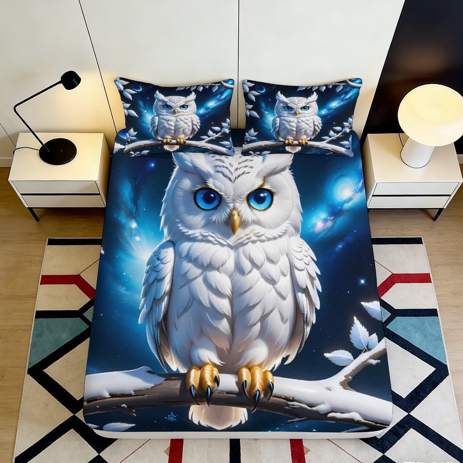3D Printed White Owl Fitted Sheet Microfiber Soft Night Sky Mattress Cover for Bedroom Dorm Decor Protection 90x200x25cm