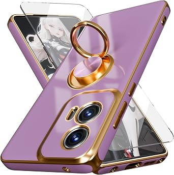 for Moto G Stylus 5G 2024 Case,with Screen Protector, Built-in 360 Rotation Ring Magnetic Kickstand, Plating Gold Edge Soft TPU Shockproof Protective Case for Moto G Stylus 5G 2024 Purple