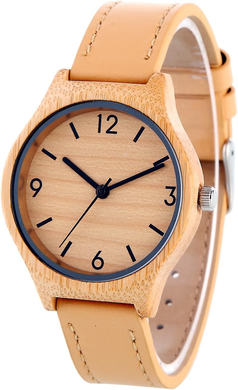 WOODFAN Women's Bamboo Wood Quartz Soft Leather Strap Watch for Teen Girls Ladies Best Gift
