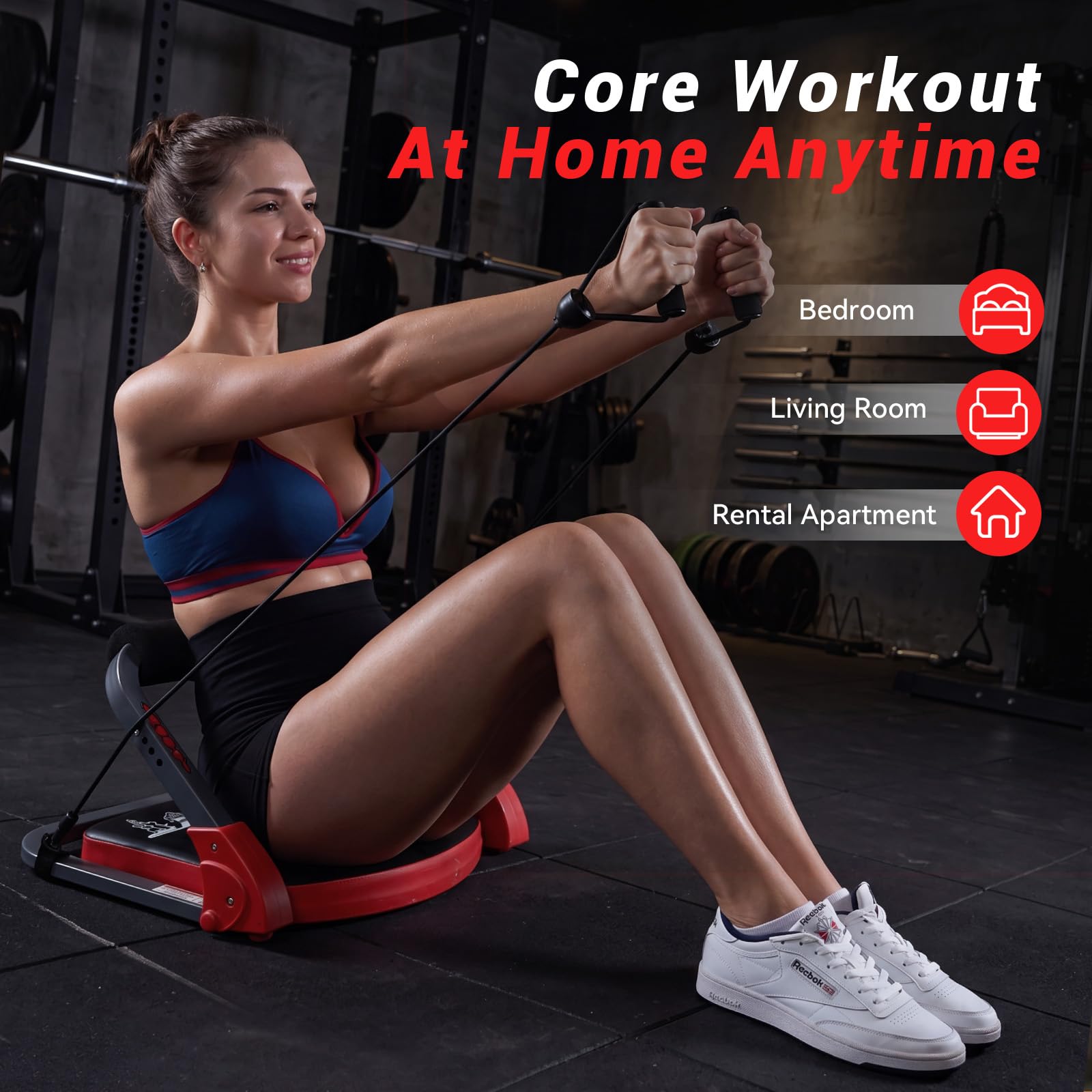 Bauchmuskeltrainer - Klappbarer Bauchtrainer für Zuhause - Bauch Trainingsgerät mit zwei Zugseilen - Abdominal Trainer mit Einstellbarem Widerstand und Automatischem Rückprall für Zuhause