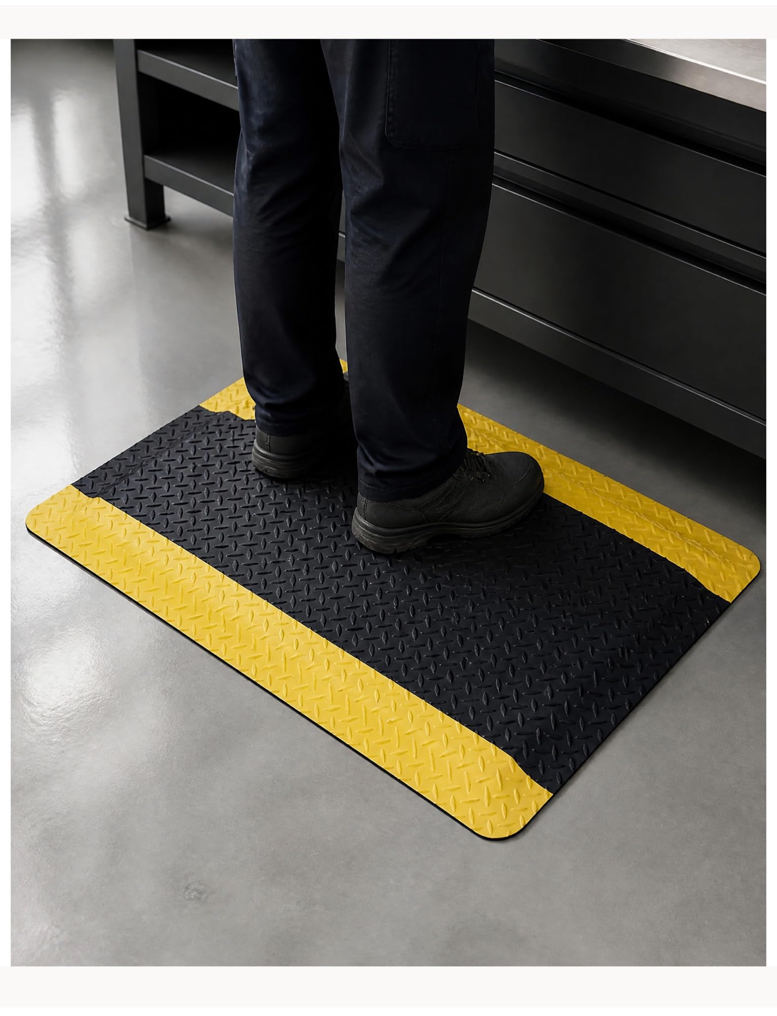 Alfombrilla Antifatiga Industrial 2cm, Diseño Antideslizante | Alivia dolor por estar de pie, apta para taller, almacén, puesto de trabajo，antiestática(Black-Yellow,45x60cm)