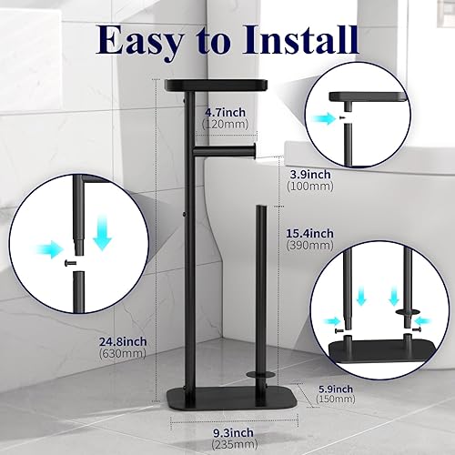 Miniatura 7 de Kitsure Soporte de papel higiénico de pie – Soporte de papel higiénico de metal inoxidable para 4 rollos con base antideslizante y estante para Negro