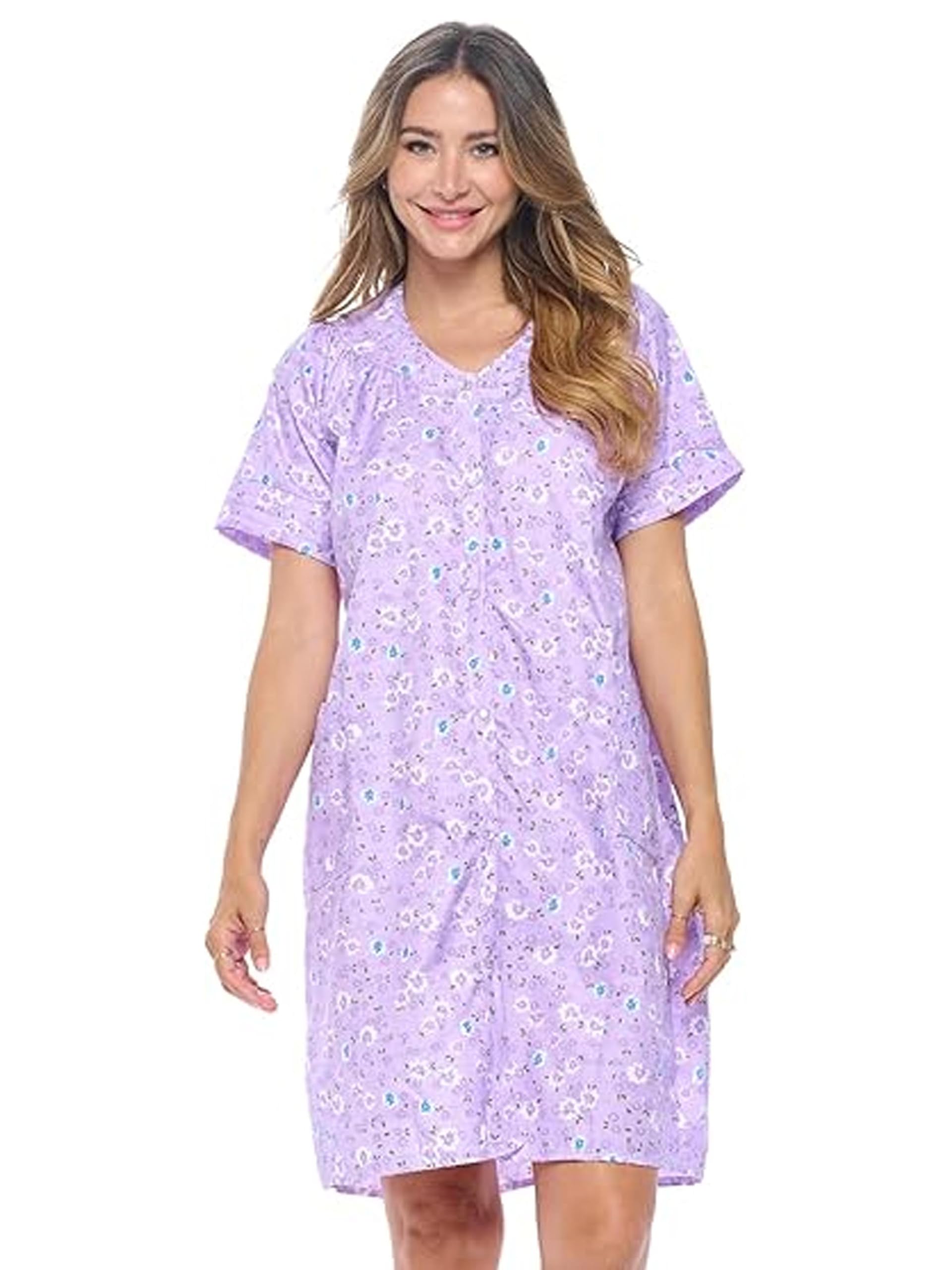 Casual Nights Women's Snap - Front House Dress Short Sleeve Woven Housecoat Duster Lounger Robe with Pockets