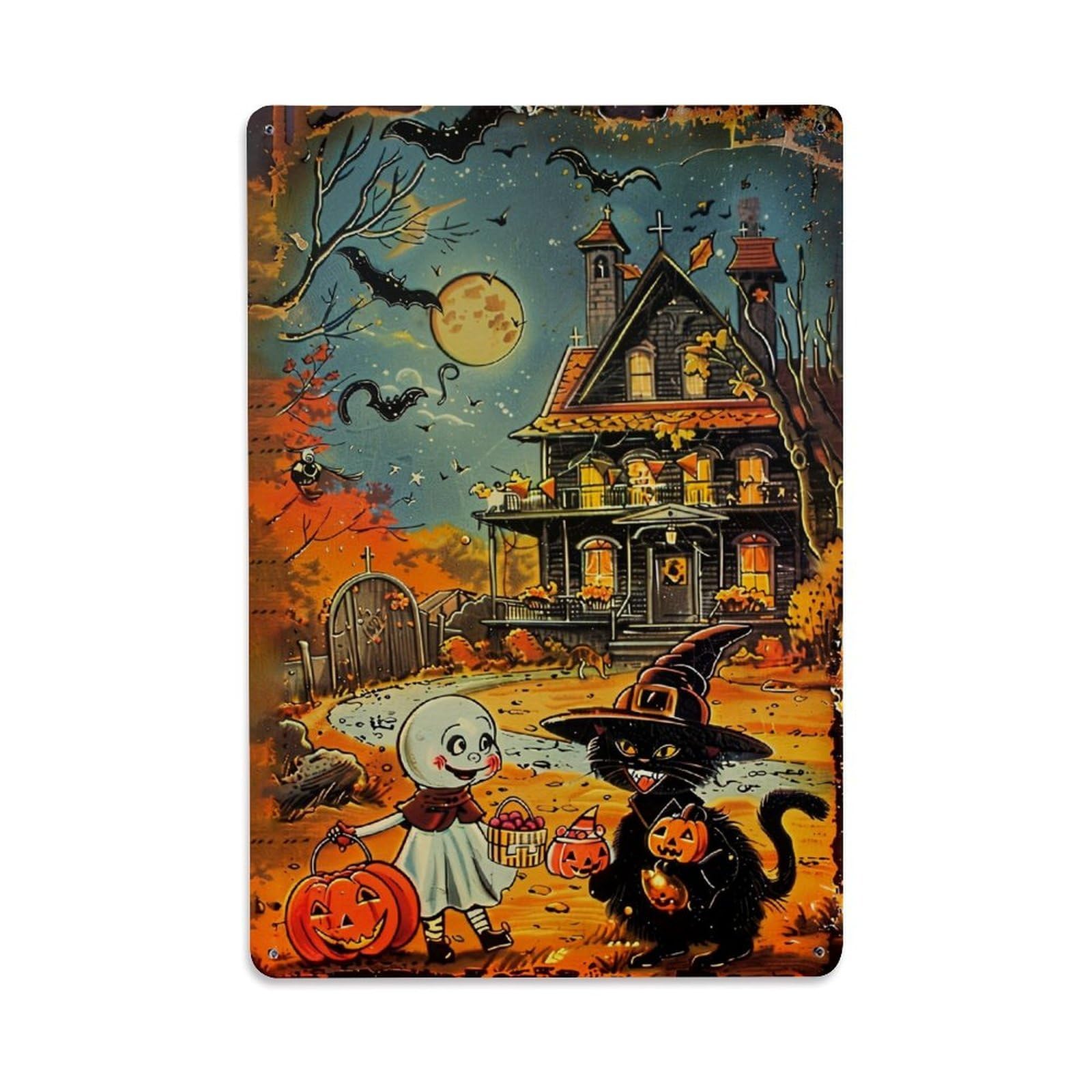Jdfenggu Vintage Halloween House Witch Cat Pumpkin Retro Metal Tin Sign, Decor Art Poster For Bar, Home, Man Cave, Kitchen, Laundry Room Gift 8X12inch