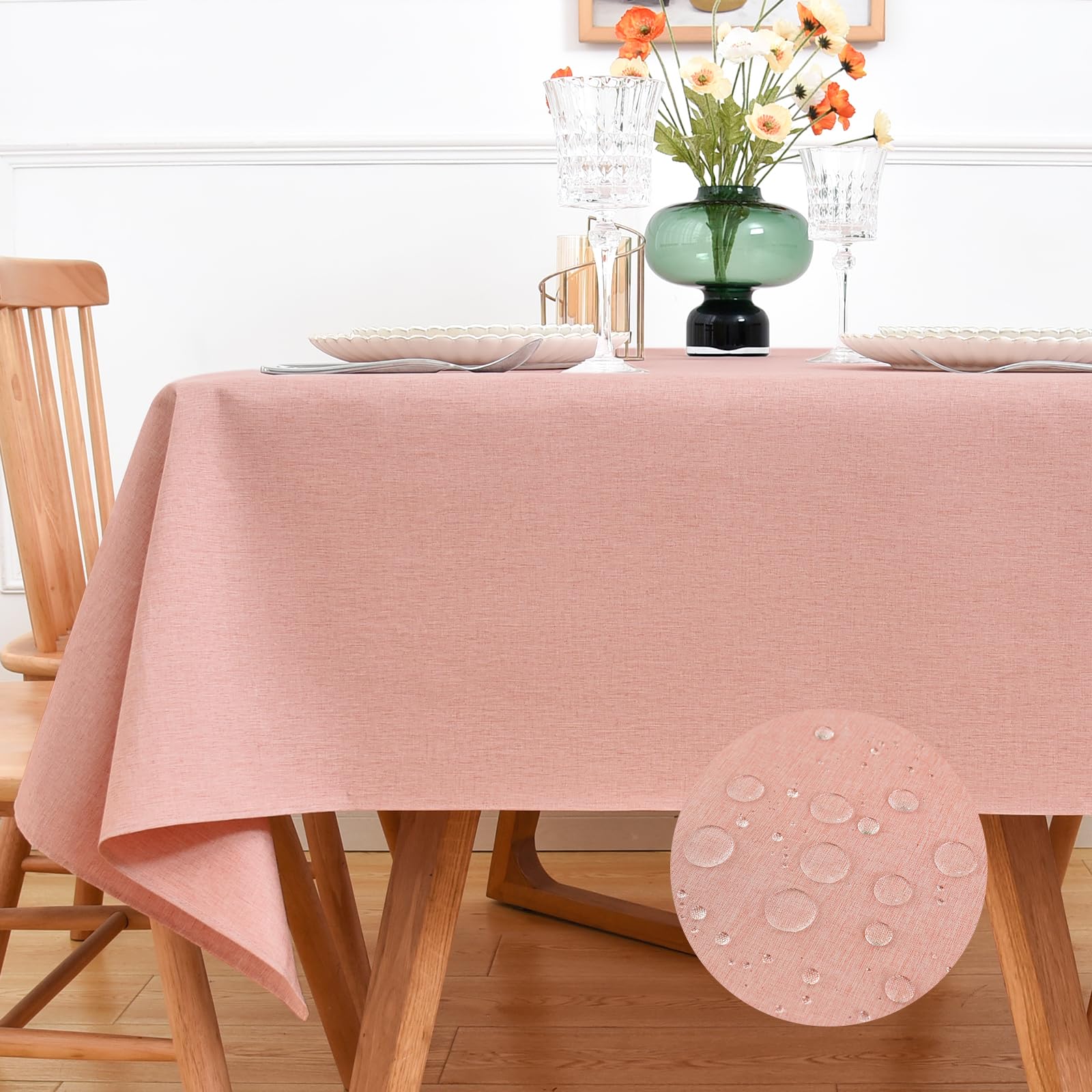 NEWISHER Farmhouse Water Resistant Rectangle Tablecloth 140x200 cm (55x78 inch), Faux Linen Table Cloth Wipe Clean, Washable Table Cover for Kitchen Dining, Party, Banquet Indoor Outdoor (Pink)