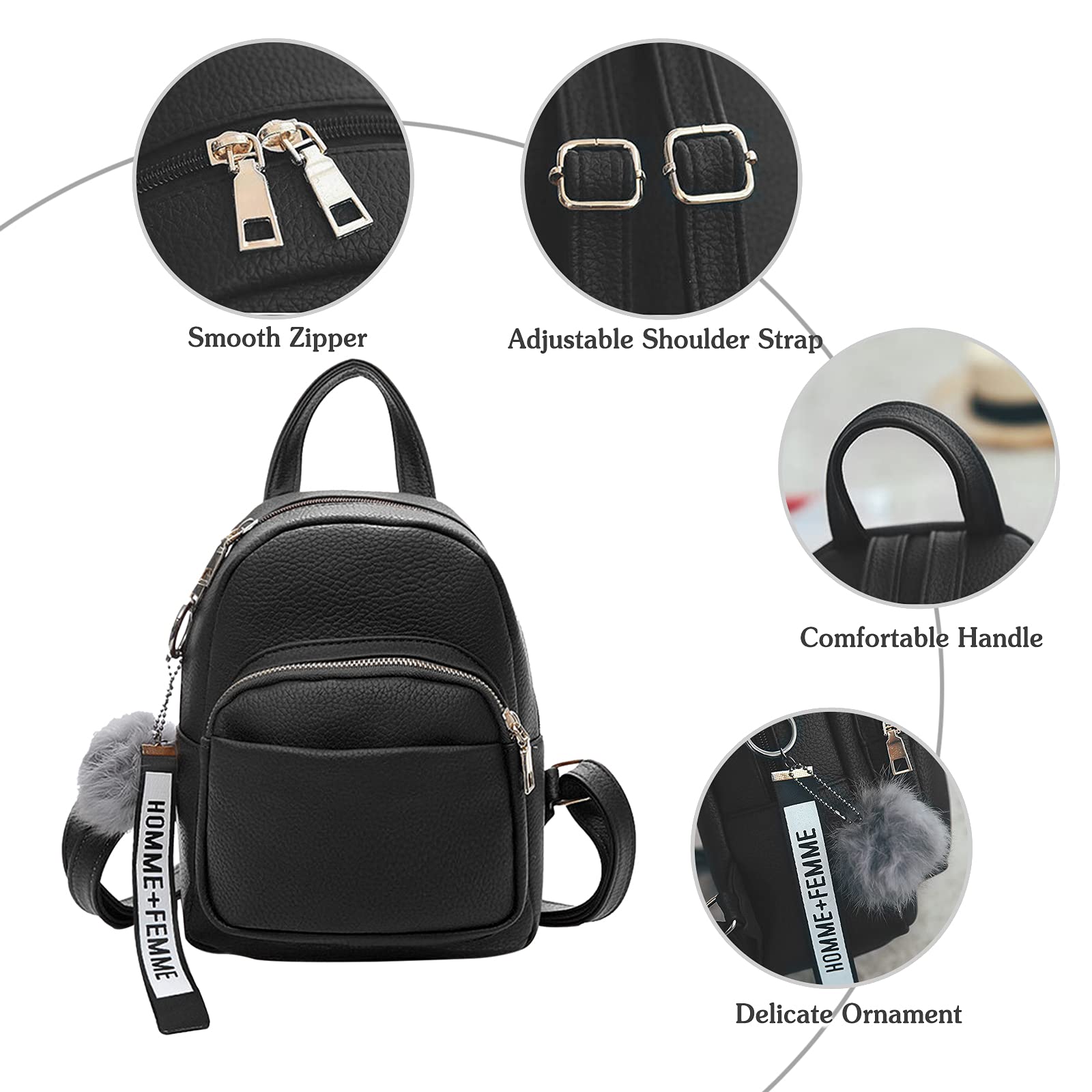 Mode Mini Rucksack Damen Kleiner Daypack mit Pompon Mädchen PU-Leder Rucksäcke für Reisen Dating Täglicher Gebrauch