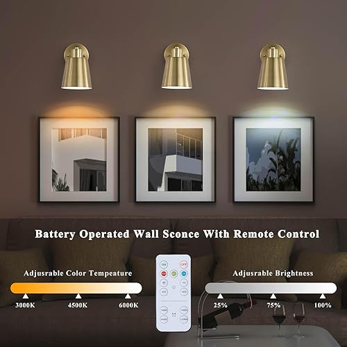 Miniatura 5 de Juego de dos apliques de pared a pilas, dorado moderno con control remoto, iluminación de pared regulable para interiores, no cableada, lámpara de