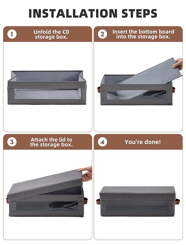 Coorganisers 4 Packs CD Storage Box with Visible Window, Stackable CD Case Holder with Dustproof Lid and Handles, Holds Up to 148 CDs in Full Jewel Cases-15.75 x 6.10 x 5.31 Inches-Grey by Coorganisers - Image 4