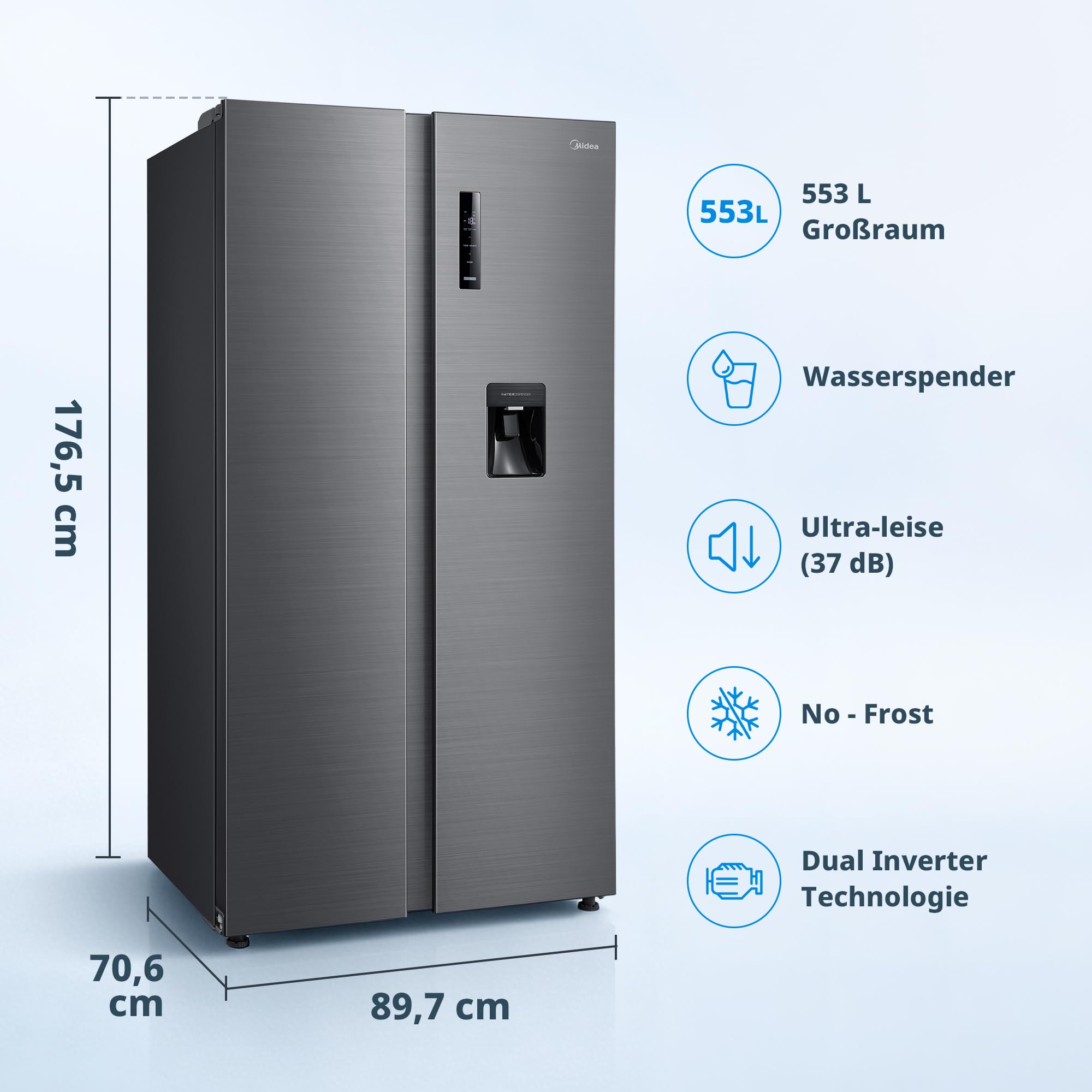 Midea Side-by-Side Kühlschrank 553L No Frost Kühl-Gefrierkombination Wasserspender 37 dB Inverter Motor Steel Gray MDRS710FGD46W