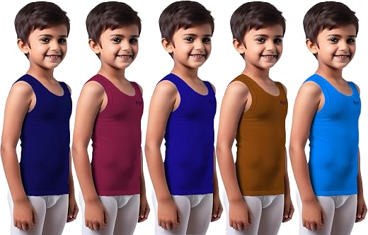 Daycare KHAAS Kids Colour Vest RN (Pack of 5 colours) 100% Combed Cotton Fabric | Moisture Wicking Keeps Kids Cool &amp; Comfo...