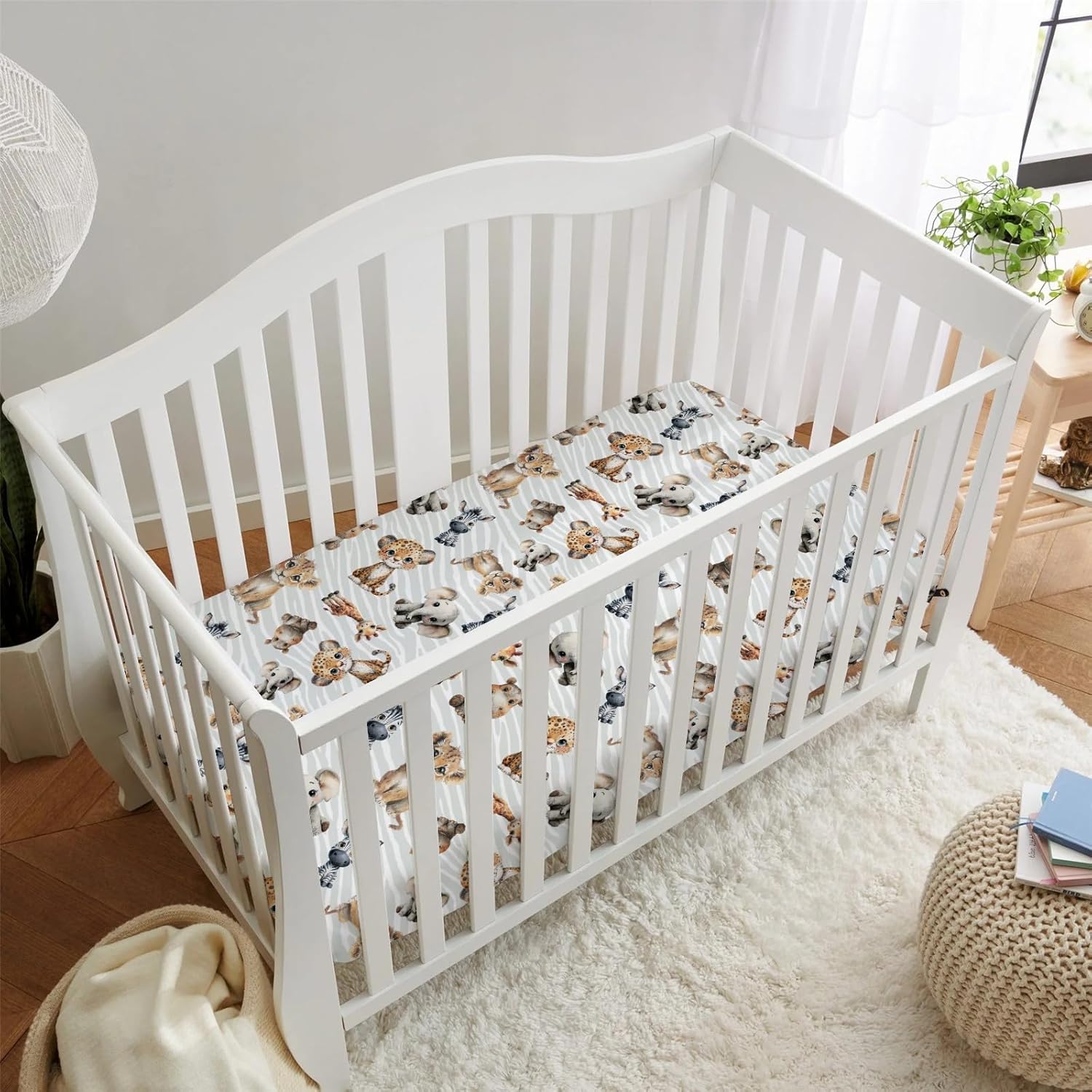 HawSkgFub Safari Jungle African Animals Fitted Standard Baby Crib Sheet Boy Girl, Giraffe Lion Tiger Elephant Zebra Toddler Mattress Cover, Soft Stretchy Nursery Bed Sheets Decor Kids Gift 52” x 28”