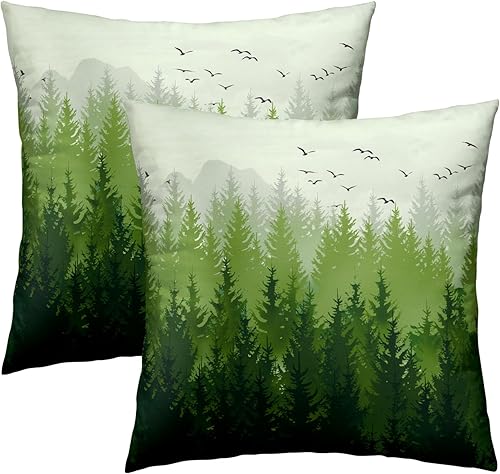 Fundas de almohada abstractas de bosque brumoso, 2 unidades, color verde, naturaleza, pino, montaña, fundas de cojín decorativas para sofá, funda de