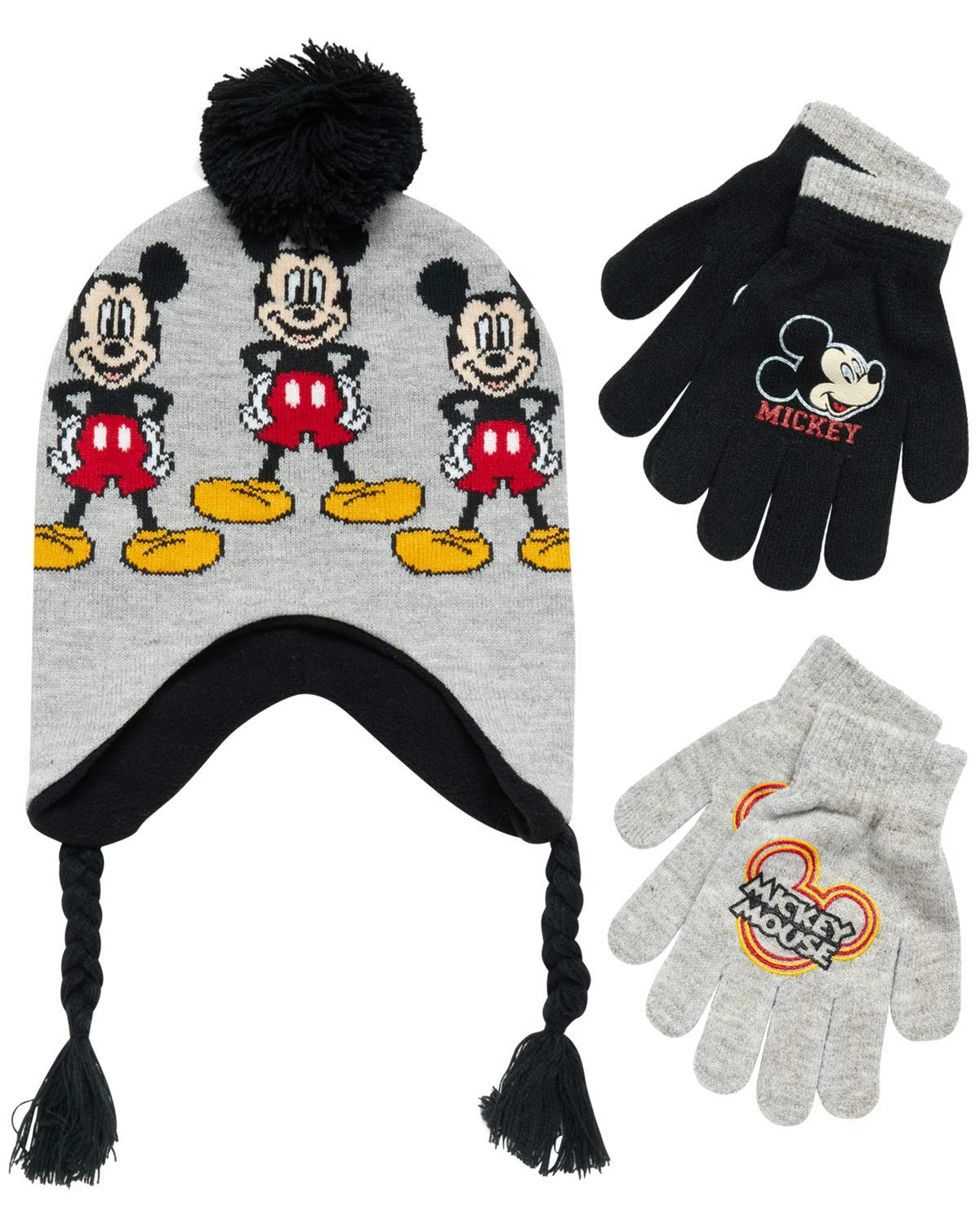 Disney Boys Mickey Mouse Winter Hat and 2 Pair Mitten or Gloves Set Age 2-7