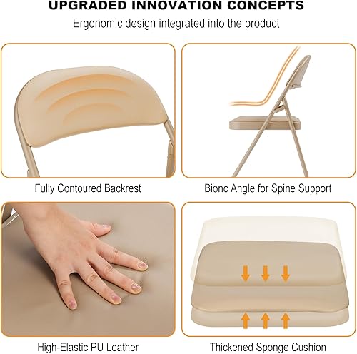 Miniatura 4 de Paquete de 6 sillas plegables color caqui con cojín acolchado para exteriores, sillas plegables de metal comerciales apilables portátiles con marco