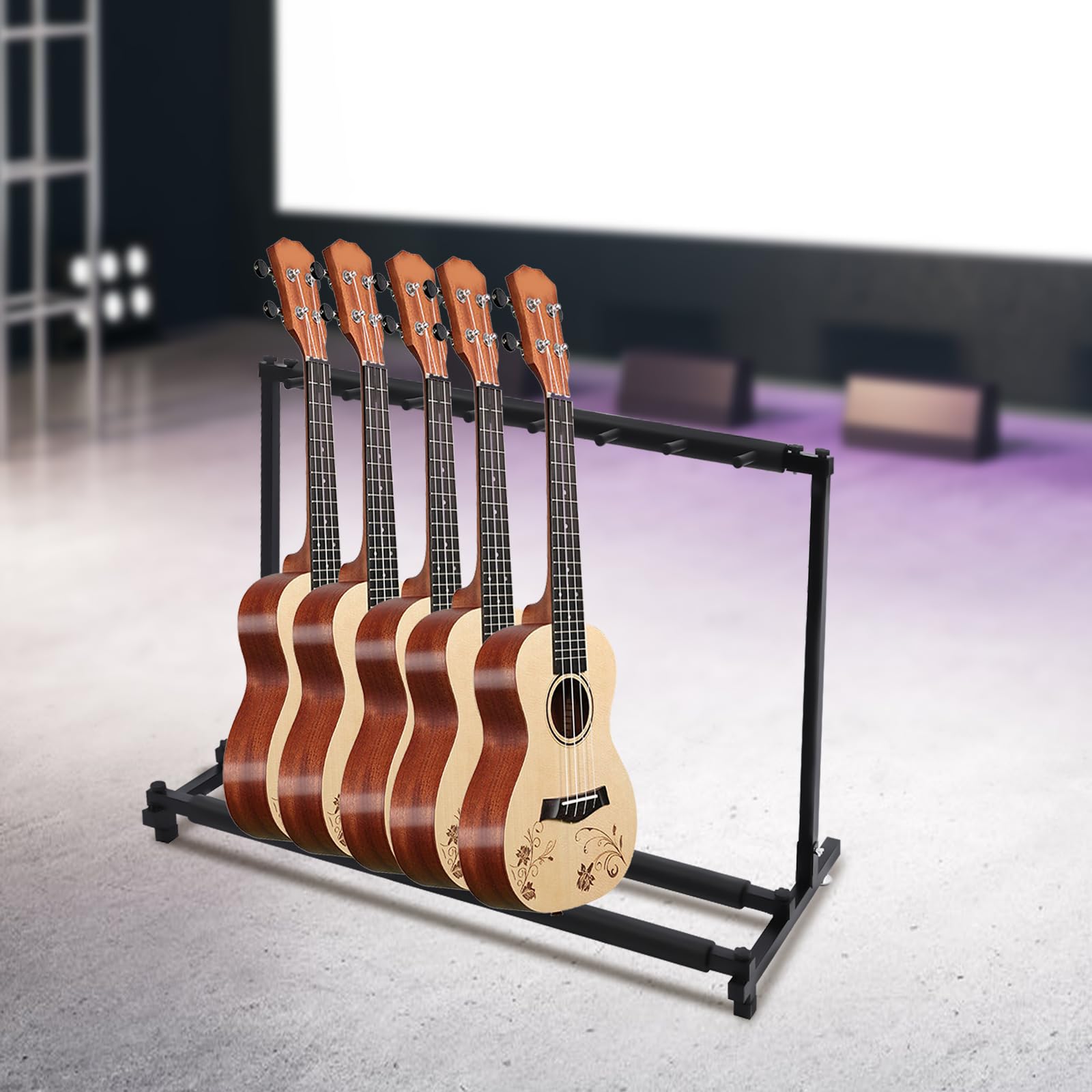 Cavalletto pieghevole portatile per chitarra, multifunzione, pieghevole, con ruote, per chitarra acustica, classica, basso acustico, chitarra elettrica, colore nero