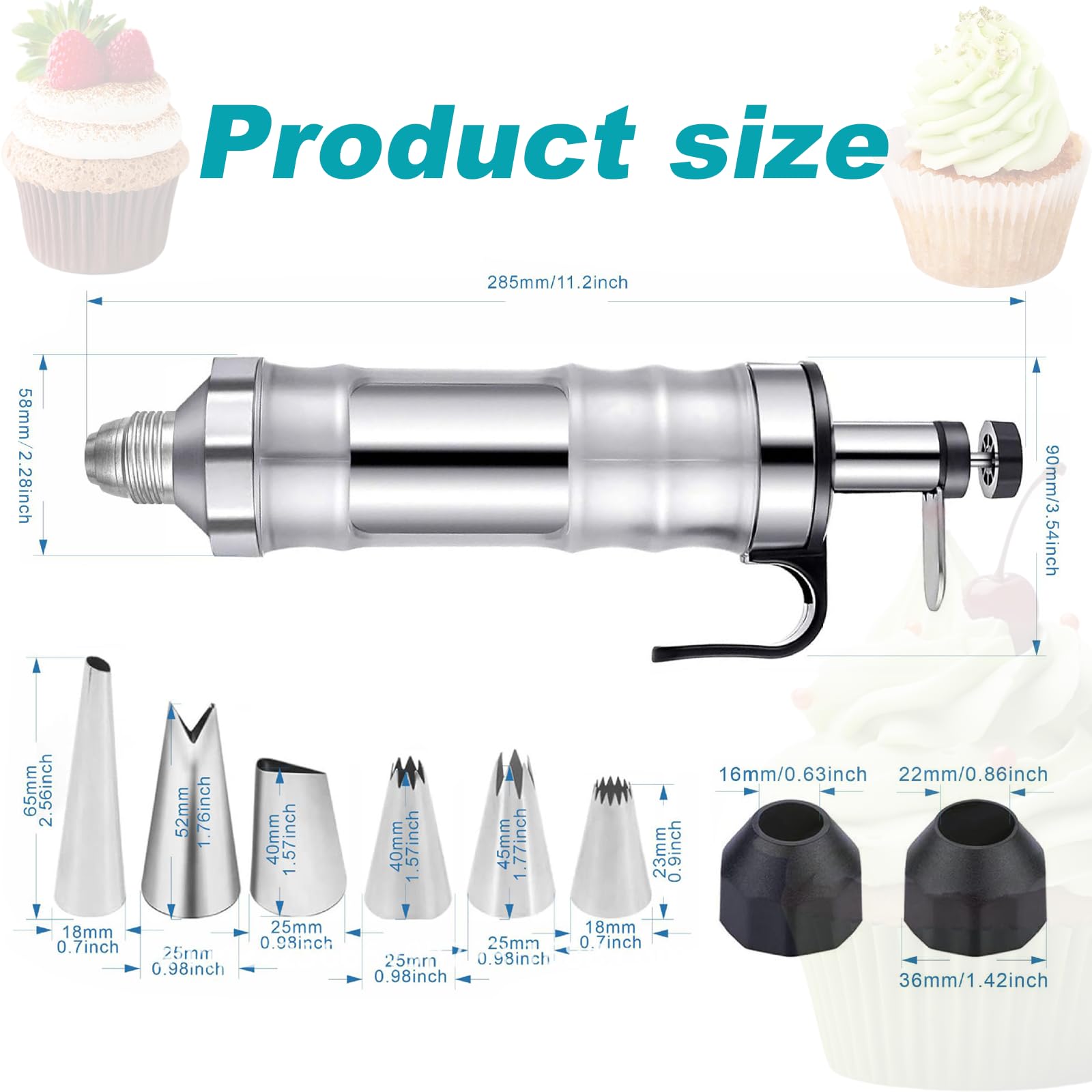 Seringue de décoration de gâteau, seringue à beignets en acier inoxydable, seringue à glaçage, seringue à pâtisserie, kit d'outils de cuisson DIY avec 6 buses, accessoires de gâteau pour