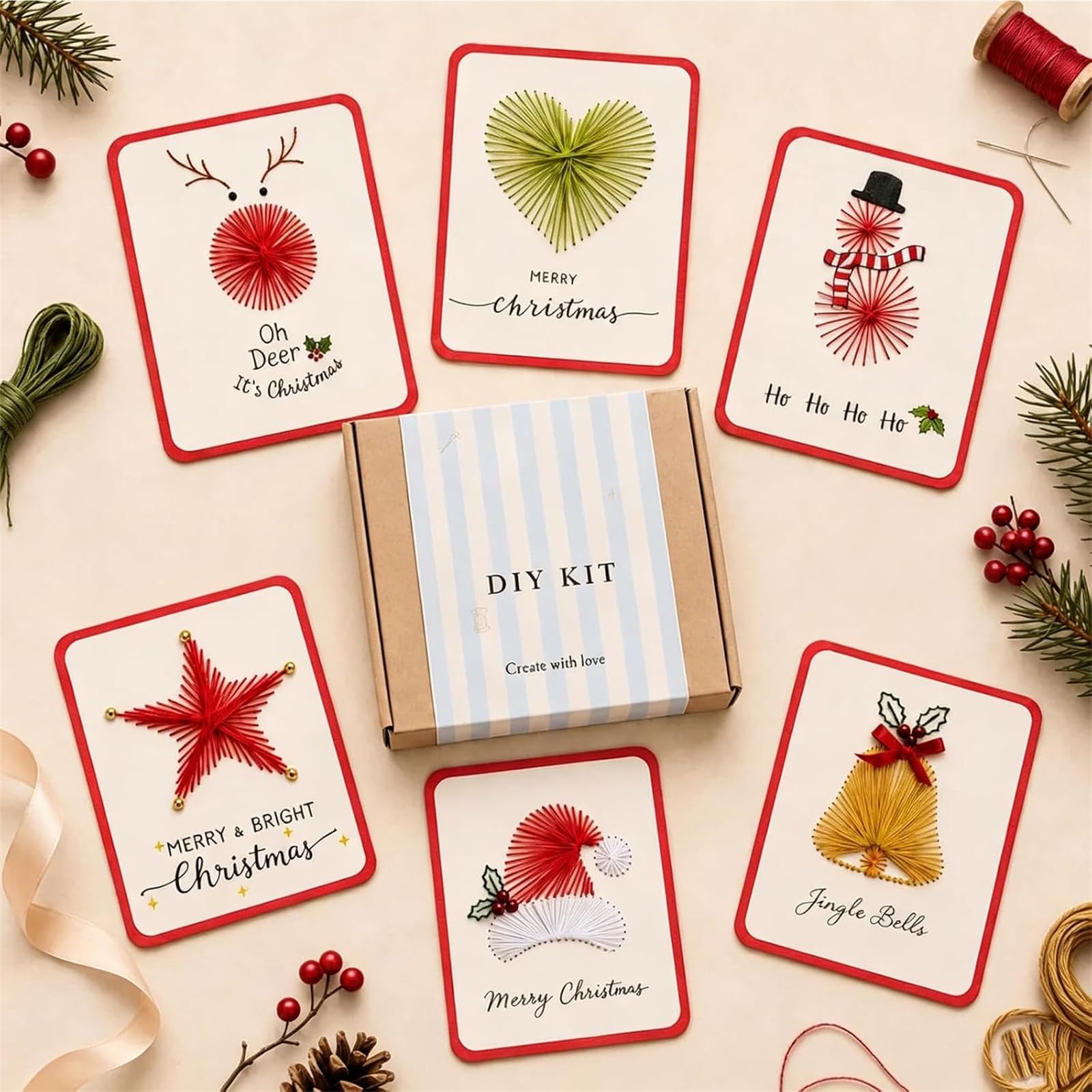 Qoobom Merry Christmas DIY Kit, Christmas Tree String Art Greeting Card Making Set, 6Pcs Stitch Chris𝐭mas Cards by Hand, DIY Embroidery Holiday Cards for Christmas Handcraft Project (B)