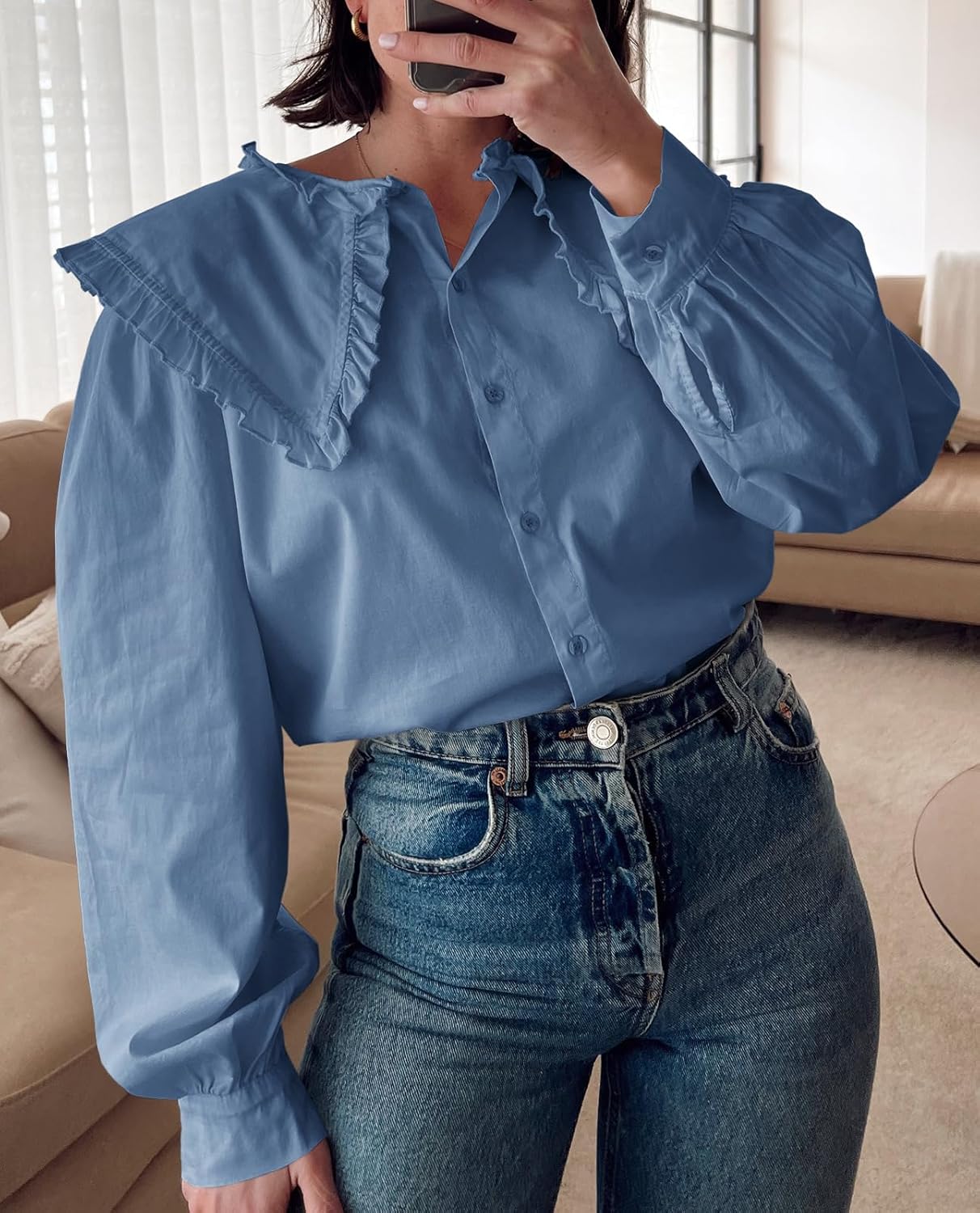 Tankaneo Womens Babydoll Button Down Shirts Peplum Puff Sleeve Blouse Fall Casual Doll Collar Tops - Image 2