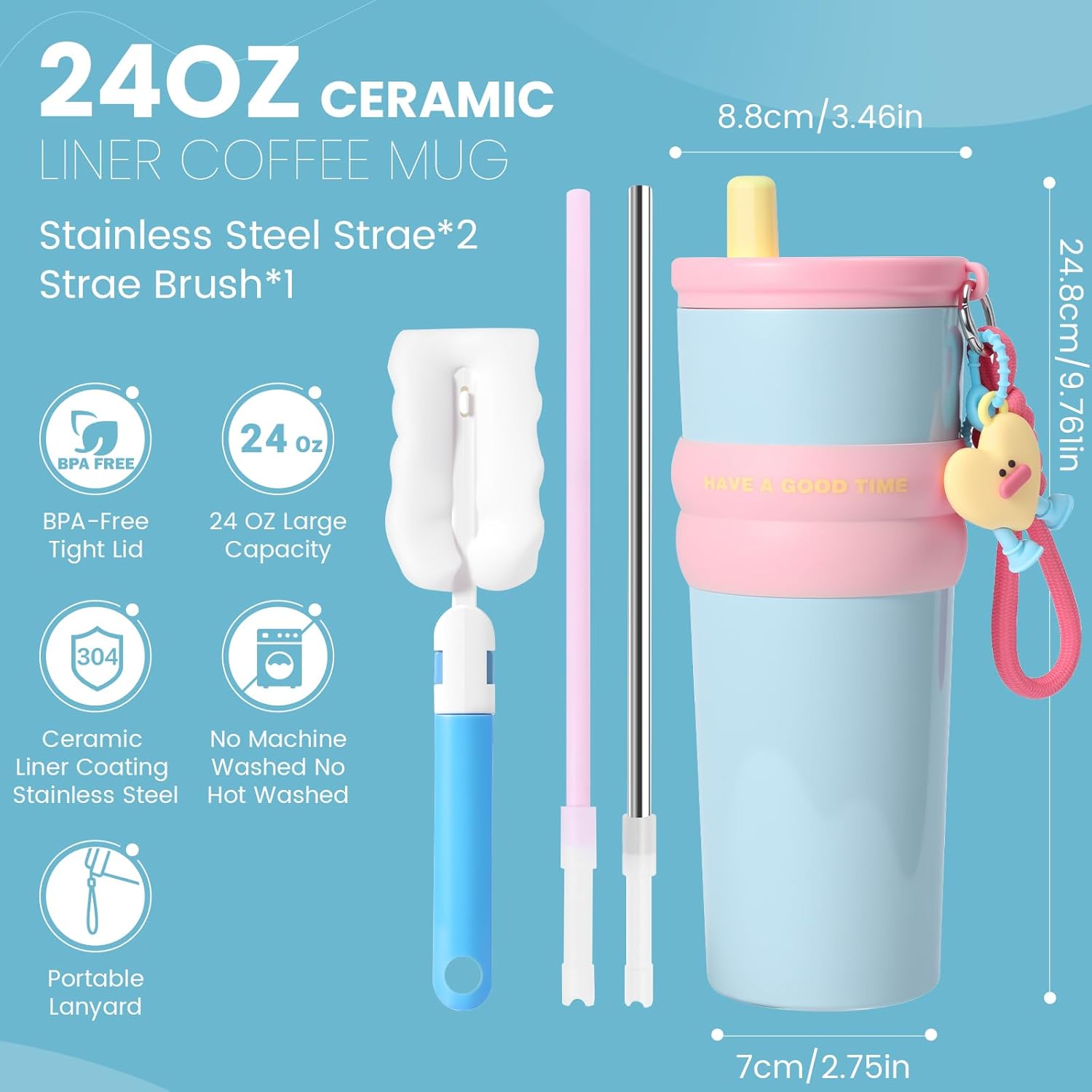 24 oz Stainless Steel Tumbler with Straw, Water Bottle Leak Proof for Hot and Cold, Insulated Coffee Travel Mug, Ceramic Lined Tumbler, Reusable Thermal Coffee Cup Gift for Women (Blue)