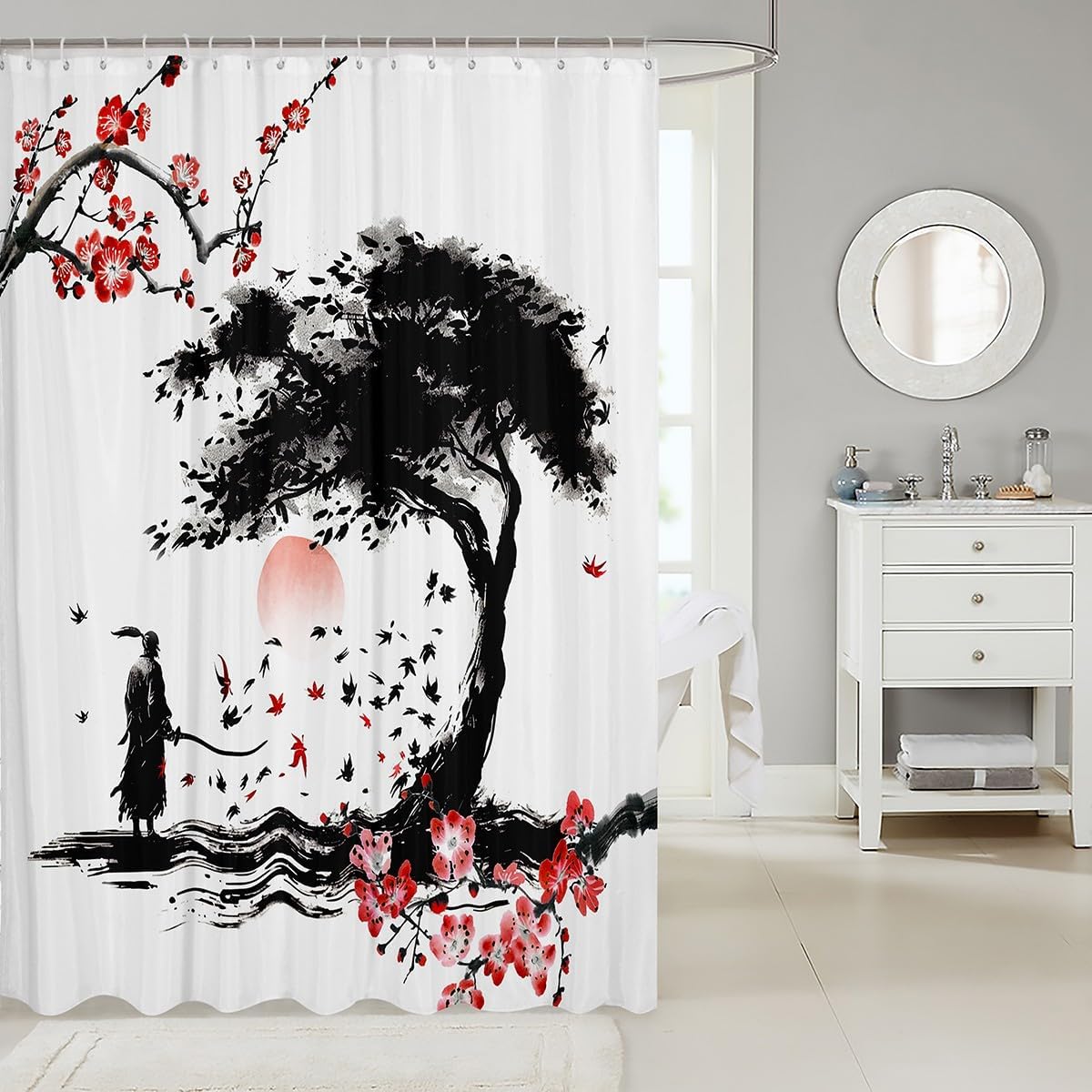 Feelyou Japanese Samurai Bath Curtain Boys Girls 72"x84" Fallen Leaves image 2