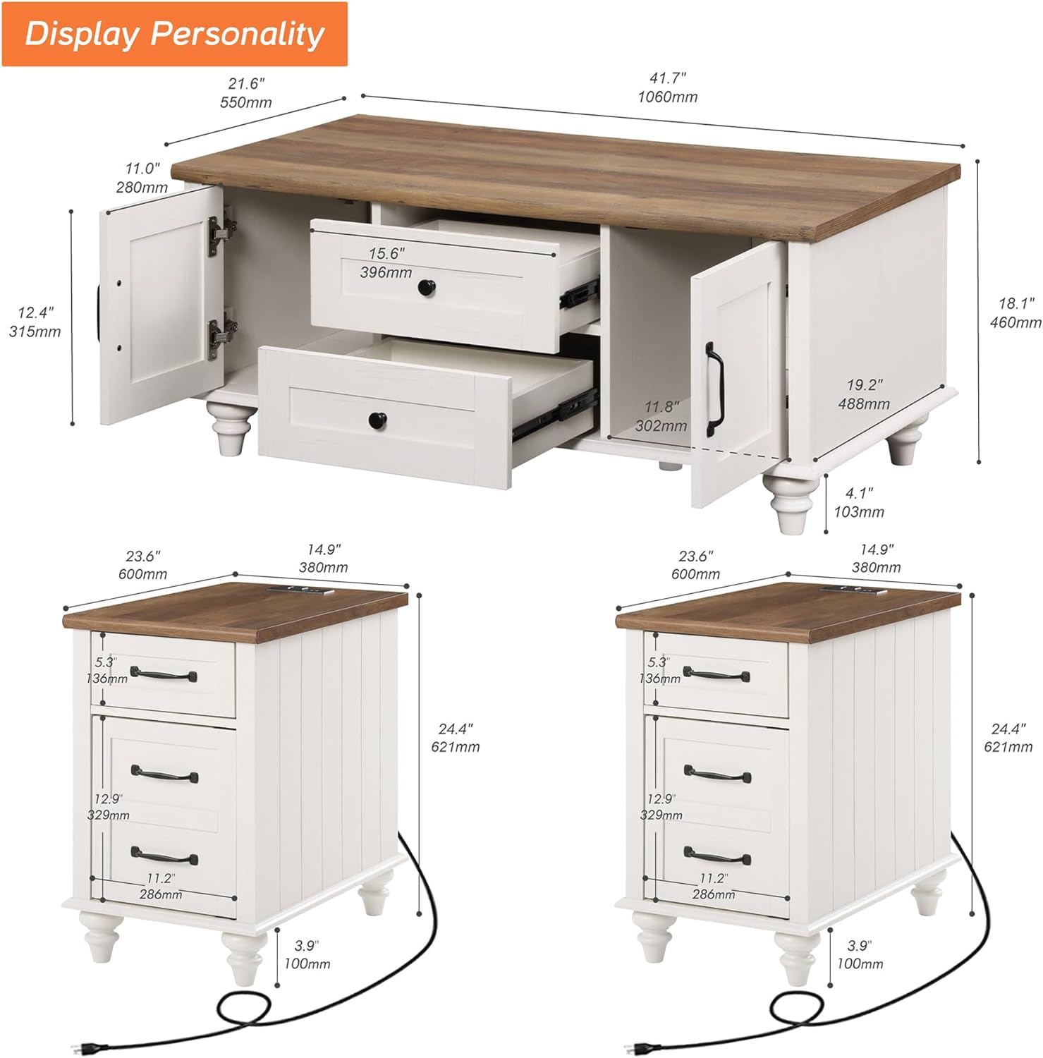 WAMPAT 3 Pieces Living Room Table Set, One Modern Coffee Table with Storage Cabinet, Set of 2 End Tables Nightstands with Charging Station, White
