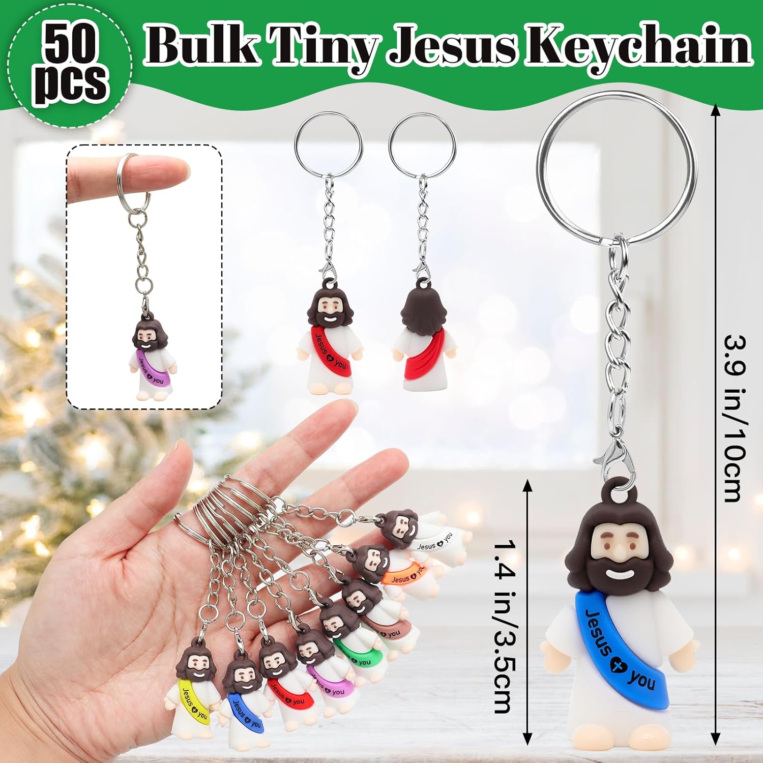 100 Pcs Mini Jesus Love You Figurines Keychains Baby Tiny Figures Key Chains, Religious Keychains Bulk Tiny Jesus Figure Gift for Christmas, First Communions