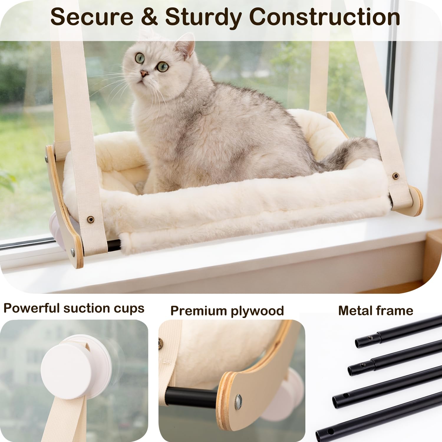 Kilodor Cat Window Perch, Cat Hammock for Window with 4 Strong Suction Cups - Easy Assembly, Solid Wood Frame with Large Cats Bed - Supports Up to 40lbs for Indoor Cats - image 4