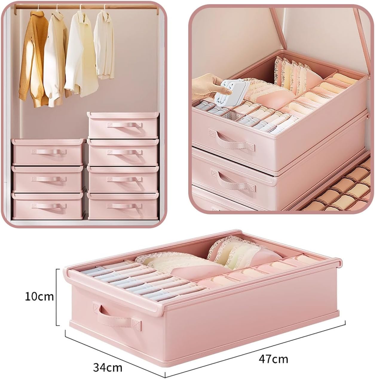 2 Pack Drawer Organizers Clothes, 17 Cell Underwear Organizer with Lid for Closet Organizers and Storage Boxes, Foldable Wardrobe Clothes Storage Bins for Underwear, Socks, Bras, Ties, Lingerie