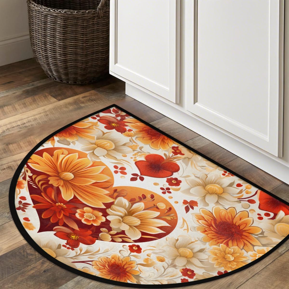 Valentine's Day Yellow Flowers Half Round Door Mat Non-Slip Welcome Entryway Soft Area Rug Absorbent Bathroom Rugs Wear Resistant Indoor Kitchen Mats 24 x 36 in for Home Deck Patio Garage