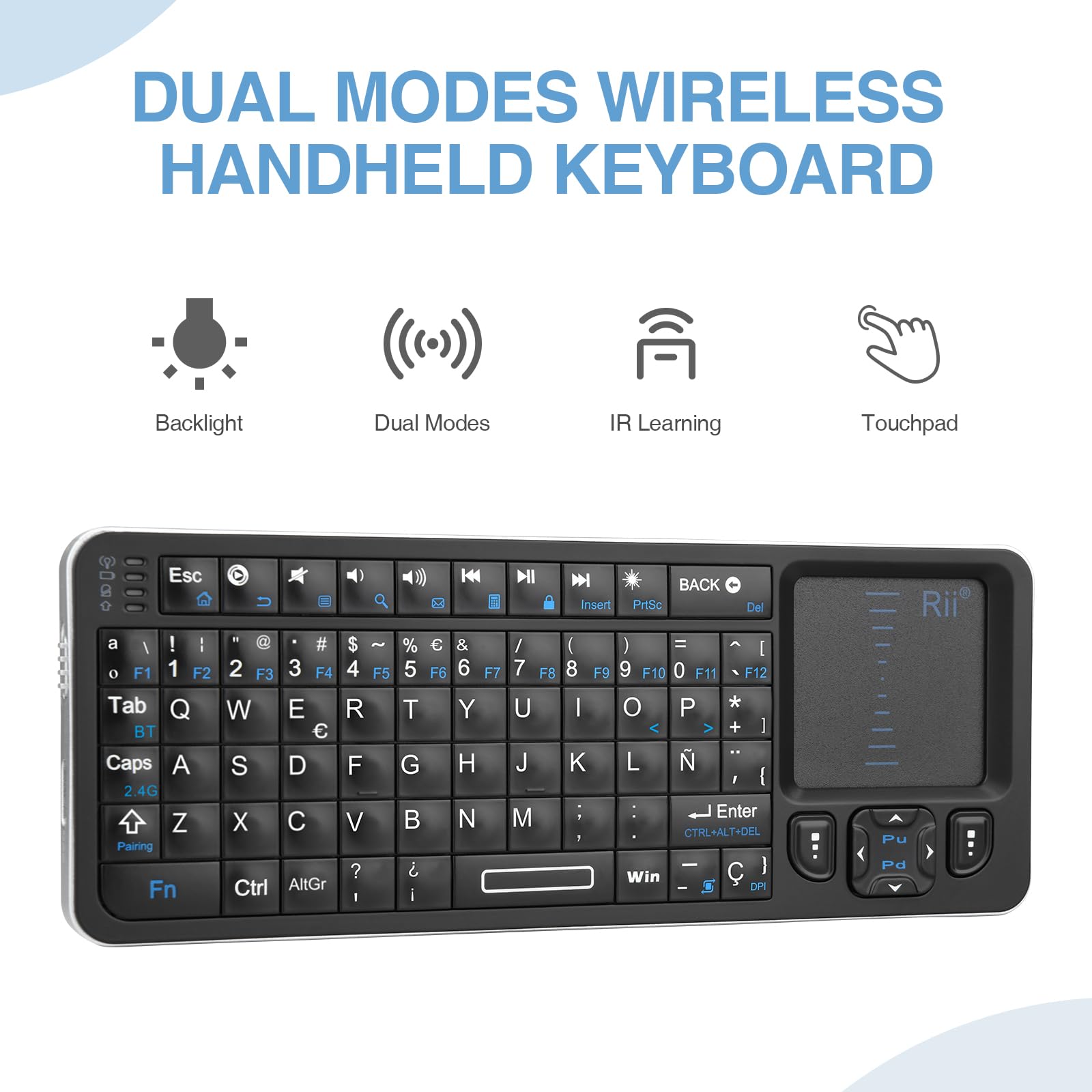 Rii K06 Mini Teclado Inalámbrico Retroiluminado, 2 Modos de Conectividad, con Aprendizaje IR, Portátil Ligero con Touchpad Compatible con Android TV Box, Mac, Windows (Versión Bluetooth y 2.4G)