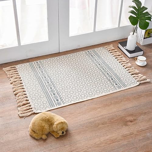 Miniatura 3 de HLOVME Alfombra bohemia de algodón tejida con borlas de 2 x 3 pies, lavable para interiores y exteriores, para sala de estar, dormitorio, cocina,