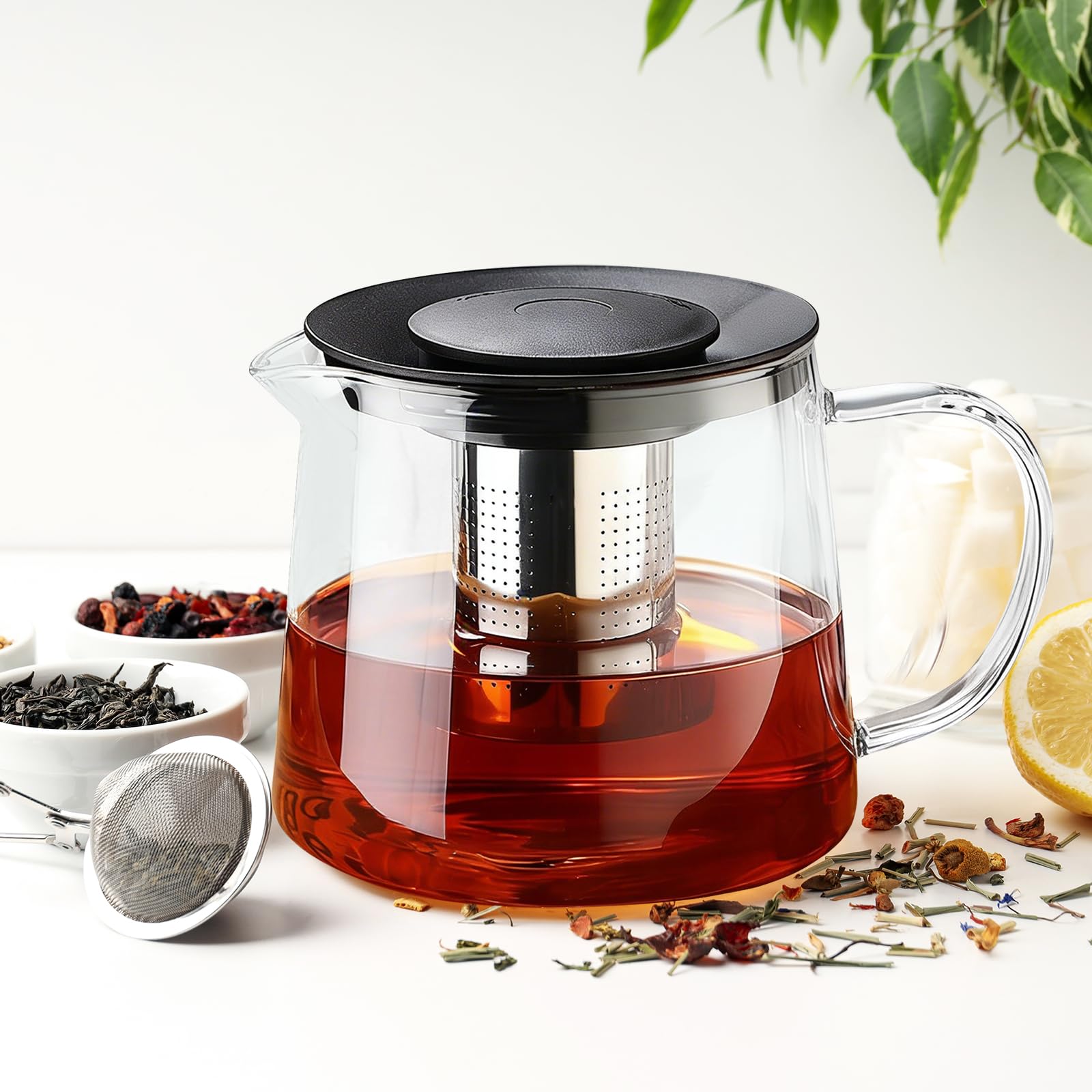 Teiera in vetro da 1500 ml, caraffa in vetro borosilicato con infusore rimovibile, lavabile in lavastoviglie, ideale per tè, caffè, tè alla frutta e tè alle erbe (nero)