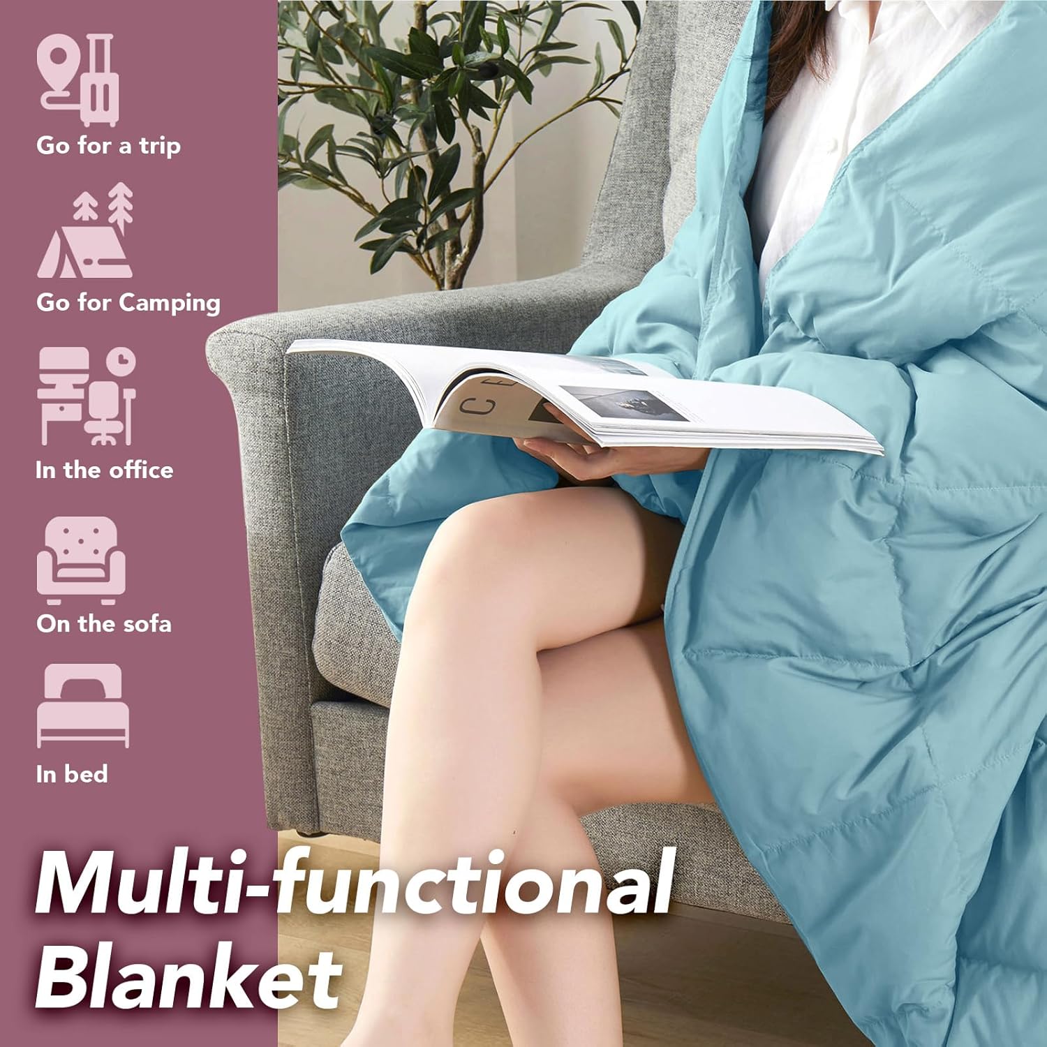 DAICO Lightweight Down Throw Blanket Feather Down Throw for Couch Sofa Soft Packable Down Blanket Throw for Indoor and Outdoor Use 50"x70" Blue Blanket