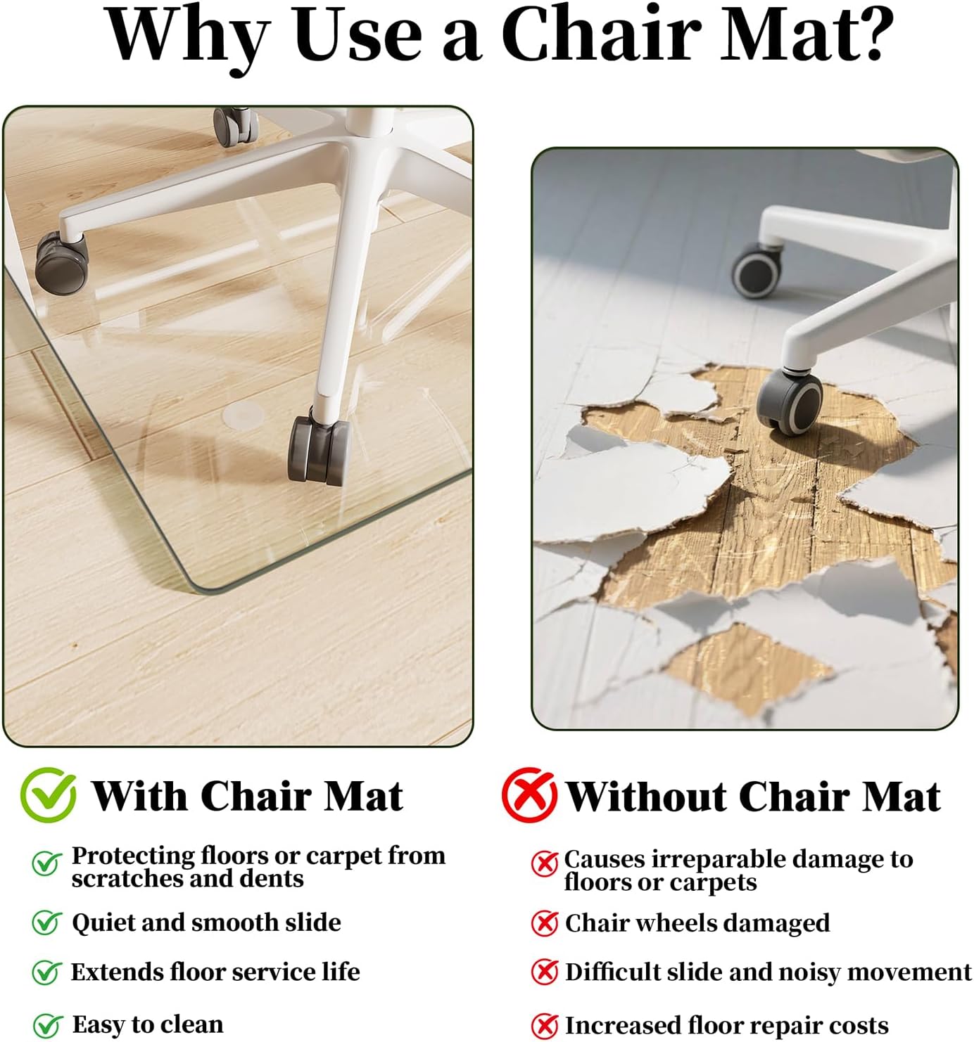 Glass Chair Mat 30" x 48" Heavy Duty Tempered Glass Office Chair Mat, Glass Floor Mat with Round Corner and Polished Edge for Smooth Glide, Carpet Floor Protector,