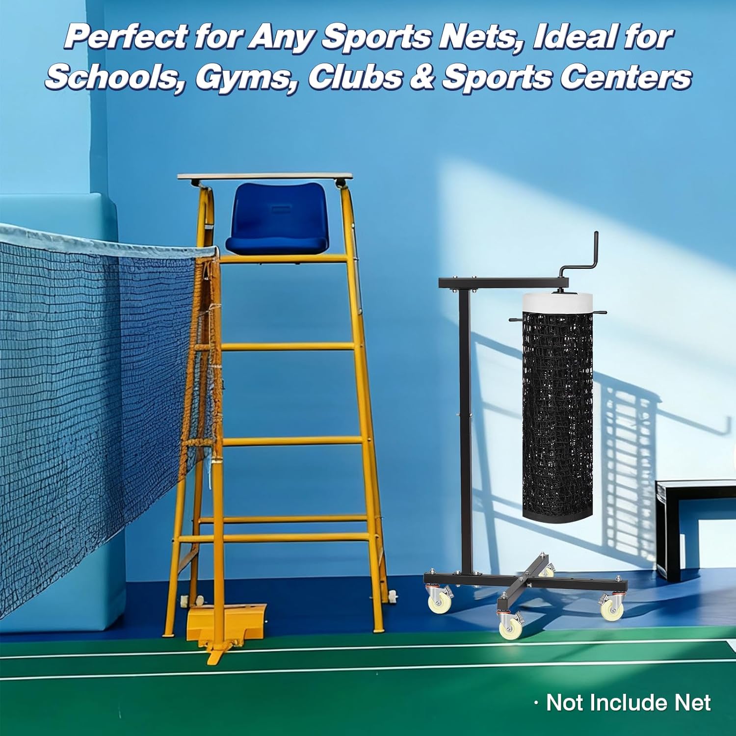 Movable Sports Net Storage Rack with Lockable Wheels, Heavy-Duty Holder for Volleyball, Tennis, Pickleball, Badminton Nets, Space-Saving Support Rack with Swivel Handle & Dust Covers